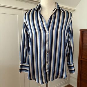 Zara Blue Stripped Button Down Collared Pajama Style Blouse, Medium